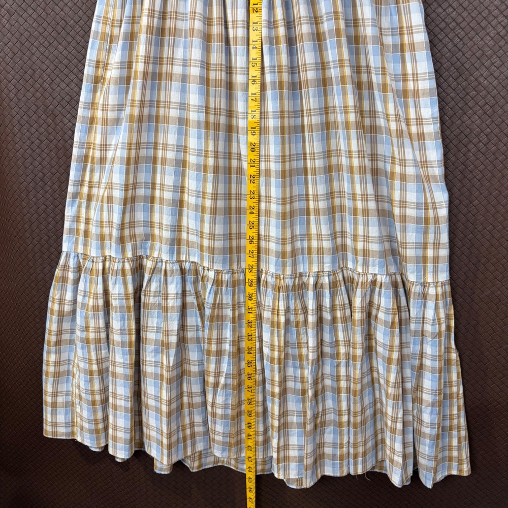 Madewell Plaid Ruffle Strap Smocked Midi Dress Blue Brown NF904 Size 10 - Picture 12 of 14